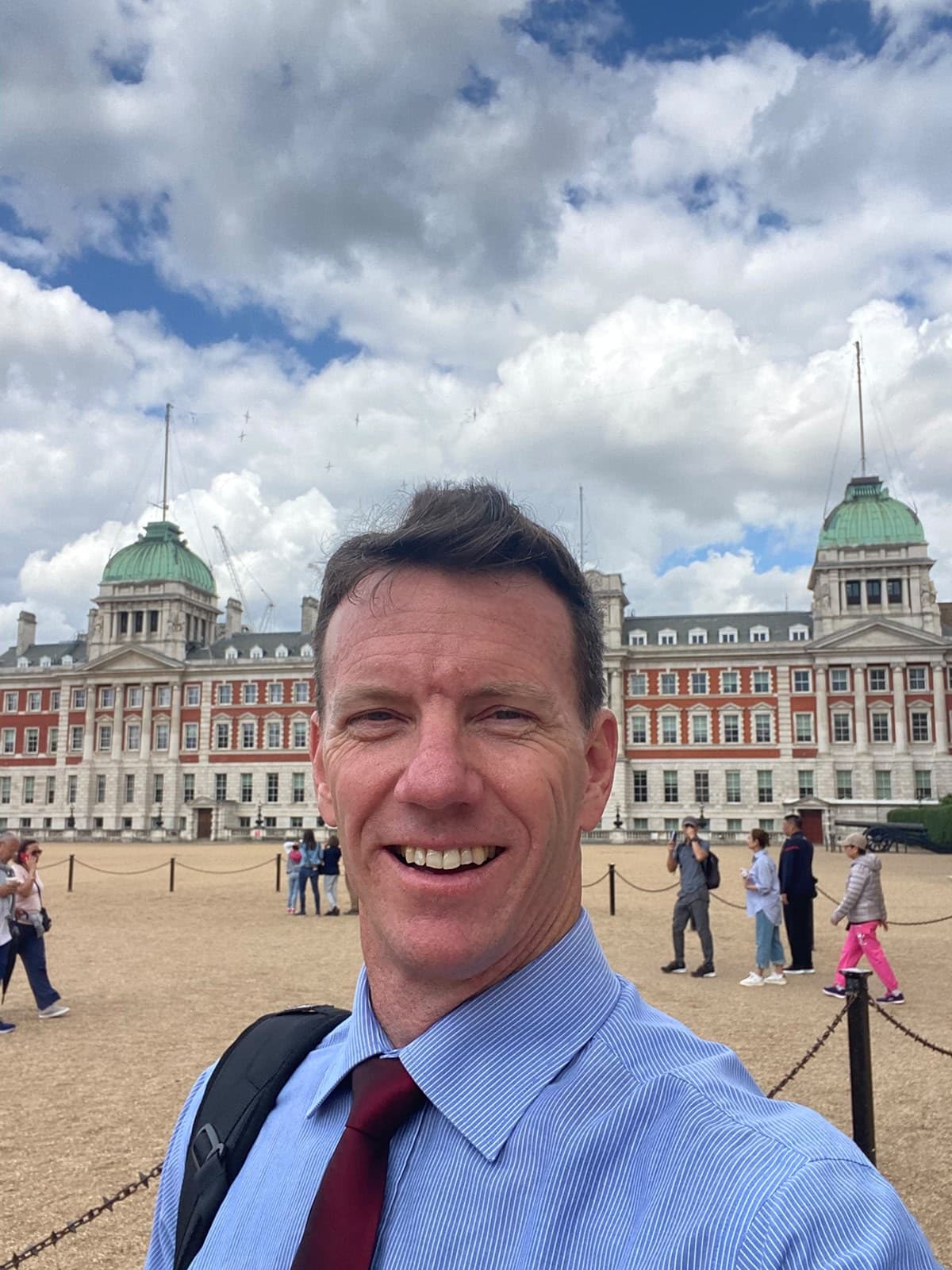 Scott Rheeder outside a UK government building in Whitehall, London